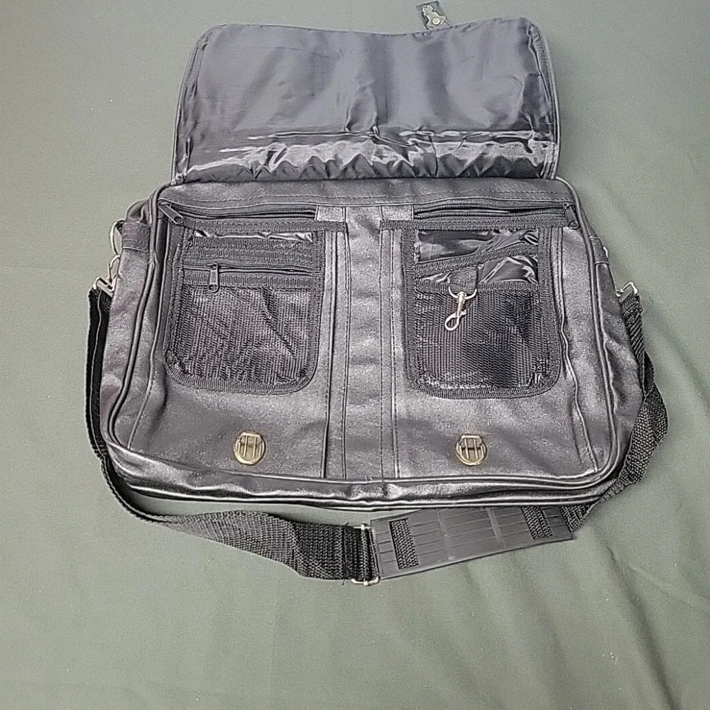 Black Leather-Look Soft Side Briefcase Travel Bag Multi-Compartment With Strap